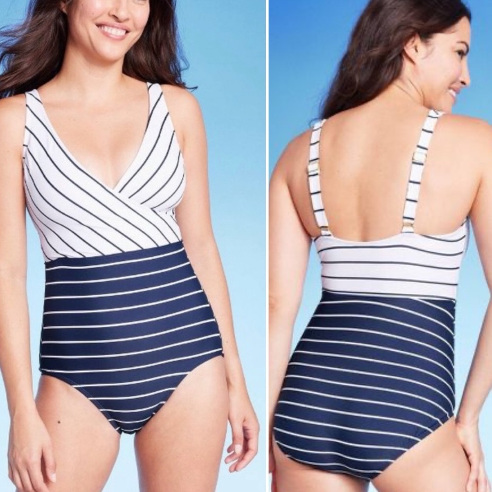 Kona Sol-Striped V-Neck Full Coverage 1 Piece Swimsuit - Navy Blue & White-Sz